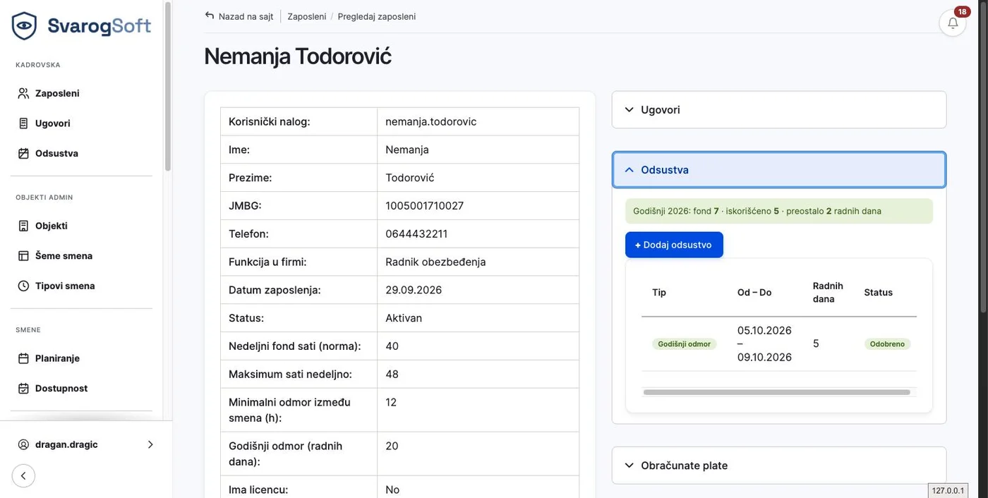 Kartica zaposlenog sa ličnim podacima, nedeljnom normom sati i stanjem godišnjeg odmora