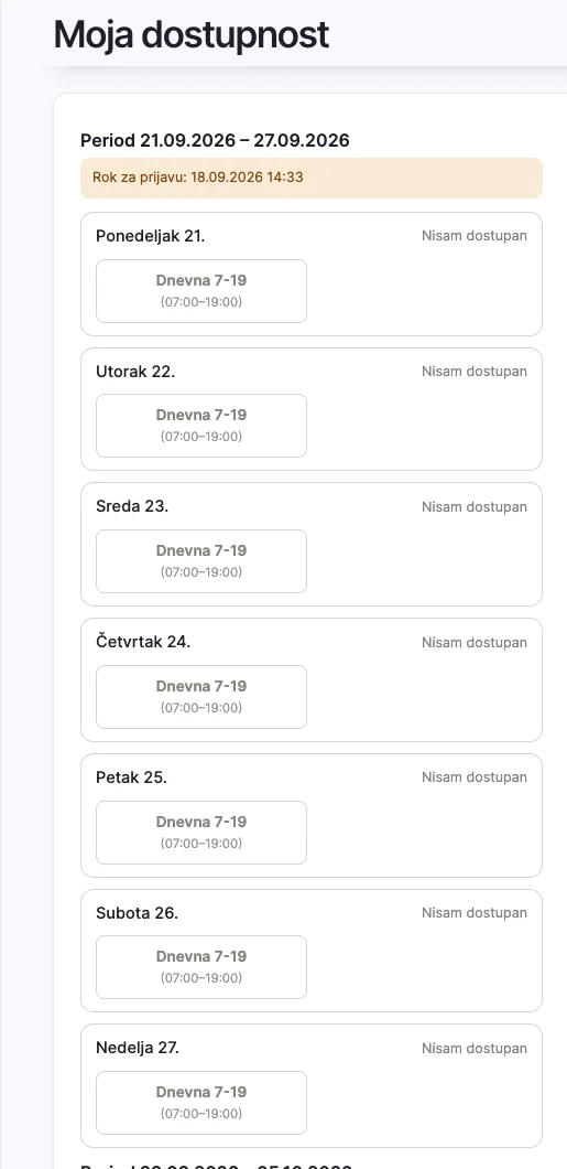 Mobilni ekran Moja dostupnost na kome radnik bira smene u kojima je slobodan